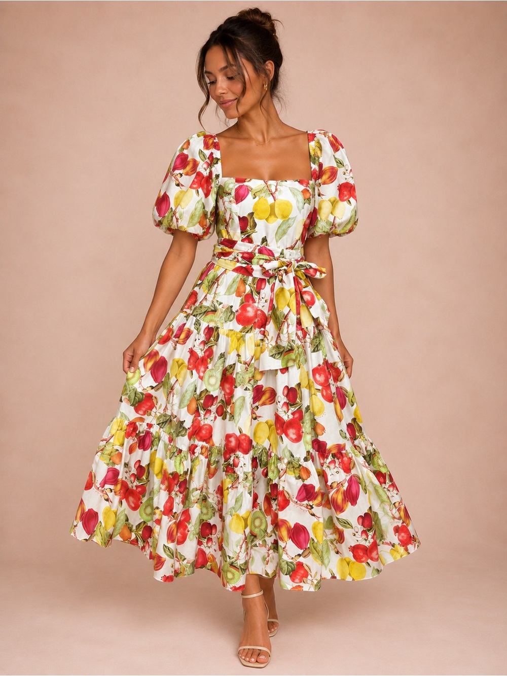 Cara Cara White Maxi Dress with Red & Yellow Fruit Print